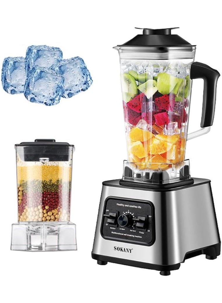 sokany High-powered blender made of durable stainless steel with a 6000W SK-999 copper motor from Sokany. This professional multi-purpose blender features 15 speeds, is a 2-in-1 appliance (blender and smoothie maker with a 2.5L capacity, coffee grinder), ice crushing, self-cleaning function, and is BPA-free. Silver finish. - Image 1